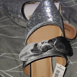 GREY VELVET BOW & SEQUIN POINTED TOE MULE (WW)